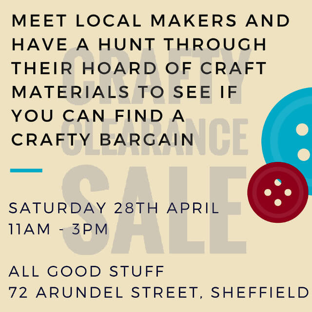 28th April, 2018

Time: 11:00 to 15:00

Address:  All Good Stuff, 72 Arundel St, Sheffield S1 2NS