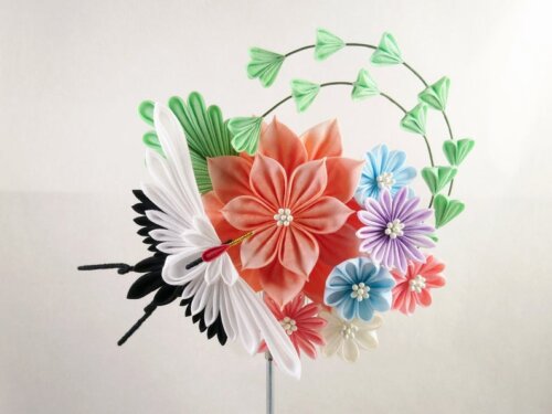Crane Dalia Aster Bouquet Tsumami Zaiku Headpiece 001