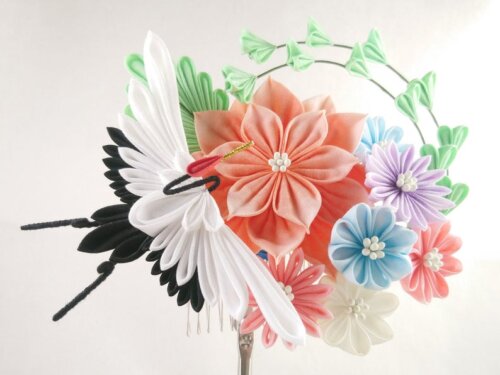 Crane Dalia Aster Bouquet Tsumami Zaiku Headpiece 002