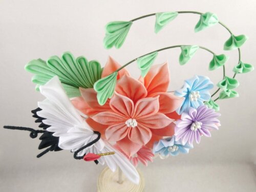 Crane Dalia Aster Bouquet Tsumami Zaiku Headpiece 003