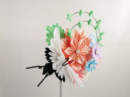 Crane Dalia Aster Bouquet Tsumami Zaiku Headpiece 004