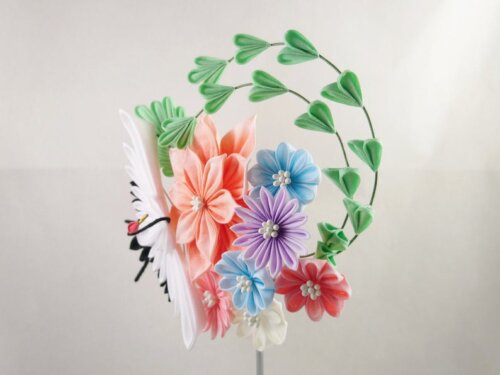 Crane Dalia Aster Bouquet Tsumami Zaiku Headpiece 005