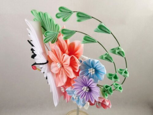Crane Dalia Aster Bouquet Tsumami Zaiku Headpiece 006