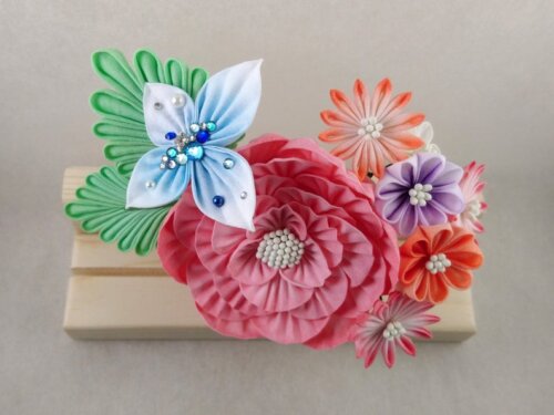 Peony Aster Bouquet & Butterfly Tsumami Zaiku Headpiece 004