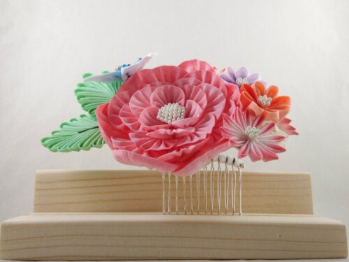 Peony Aster Bouquet & Butterfly Tsumami Zaiku Headpiece 005