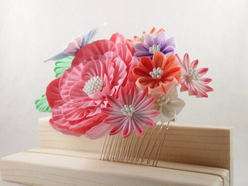 Peony Aster Bouquet & Butterfly Tsumami Zaiku Headpiece 006