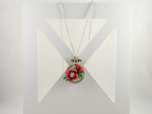 Red Camellia Blossom & Buds Embroidary Hoop Pendant 002