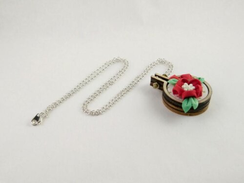 Red Camellia Blossom & Buds Embroidary Hoop Pendant 004