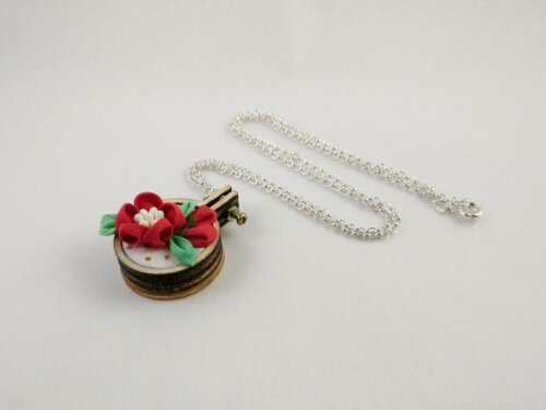 Red Camellia Blossom & Buds Embroidary Hoop Pendant 005